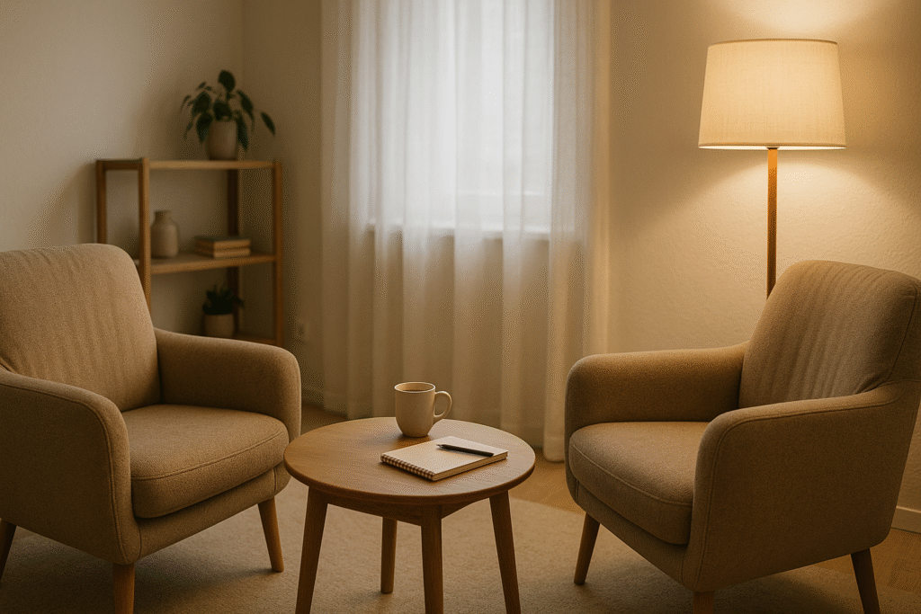 Przytulny gabinet psychoterapeuty w Warszawie przygotowany na sesję indywidualną